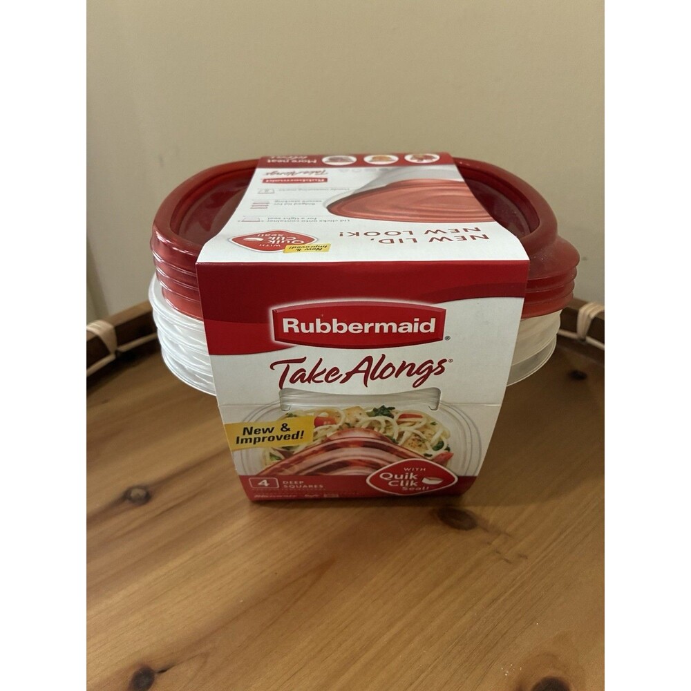 Rubbermaid TakeAlongs Set of 4 Deep Squares Clear with Red Lid 5.2 Cups NEW